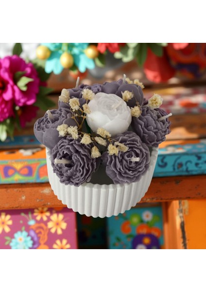 Küçük Boy Mor–beyaz Çiçek Buketi Kokulu Vazo Mum – %100 Soya Wax – Taş Tozu Vazo – El Yapımı fiyatları