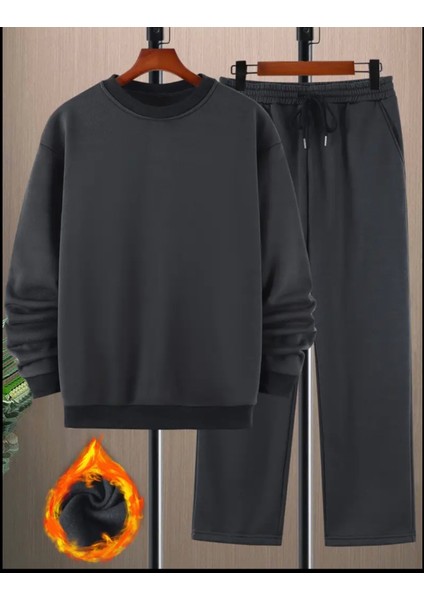 Büyük Beden Özel Tasarım Düz Renk Yuvarlak Yaka Geniş Düz Paça %100 Pamuk Kışlık Erkek Eşofman Takımı