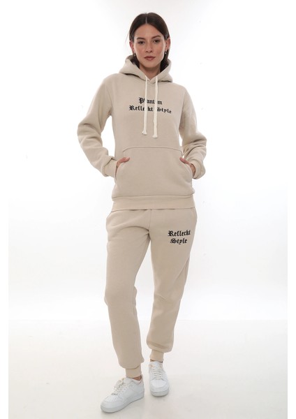 Bej Şık Polarlı Kadın Eşofman Takımı Paça Lastikli Cepli Kapüşonlu Nakış Detaylı Compact Takım