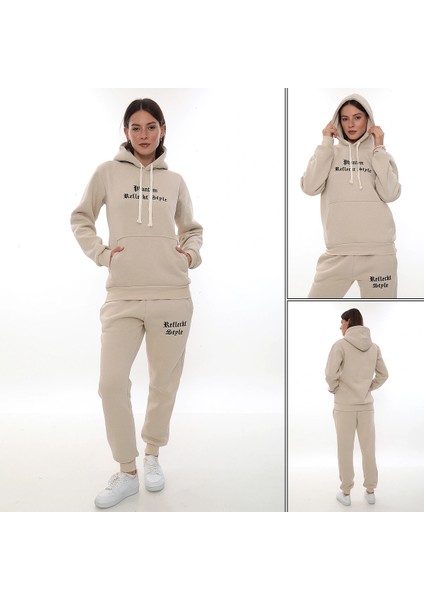 Bej Şık Polarlı Kadın Eşofman Takımı Paça Lastikli Cepli Kapüşonlu Nakış Detaylı Compact Takım fırsatları