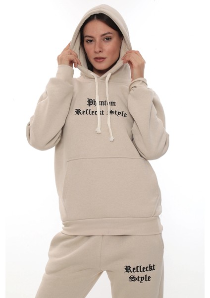 Bej Şık Polarlı Kadın Eşofman Takımı Paça Lastikli Cepli Kapüşonlu Nakış Detaylı Compact Takım indirimleri