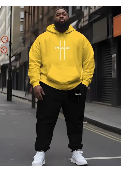 Büyük Beden Özel Tasarım Kapüşonlu Peace Dikey Şerit Baskılı %100 Pamuk Kışlık Erkek Eşofman Takımı