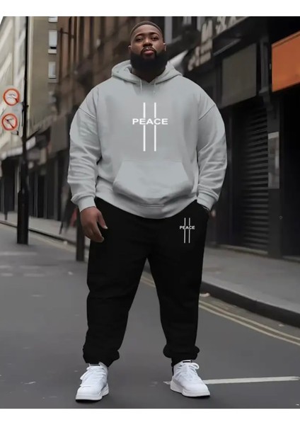 Büyük Beden Özel Tasarım Kapüşonlu Peace Dikey Şerit Baskılı %100 Pamuk Kışlık Erkek Eşofman Takımı