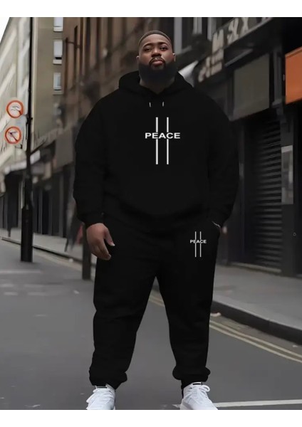 Büyük Beden Özel Tasarım Kapüşonlu Peace Dikey Şerit Baskılı %100 Pamuk Kışlık Erkek Eşofman Takımı