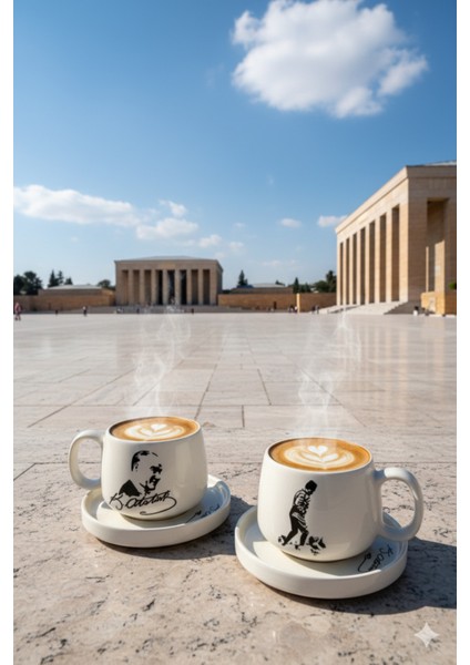 2'li Tabaklı Atatürk Temalı Tabaklı El Yapımı Double Kupa, Seramik Kupa, Mug, Kupa, Handmade