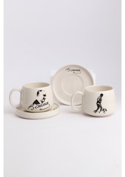 2'li Tabaklı Atatürk Temalı Tabaklı El Yapımı Double Kupa, Seramik Kupa, Mug, Kupa, Handmade modelleri