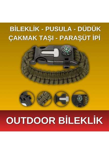 Alpera Camp - 5'i 1 Arada Çok Fonksiyonlu Outdoor Hayatta Kalma Bilekliği - Haki Yeşil Renk