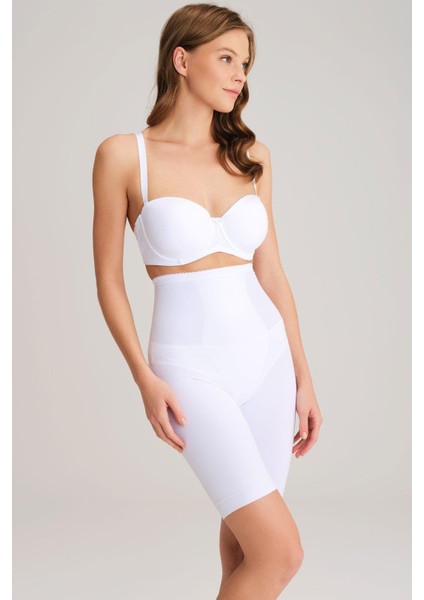 Toparlayıcı Bel ve Bacak Inceltici Dikişli Uzun Paçalı Orta Bel Sıkı Şort Korse - Beyaz - 42