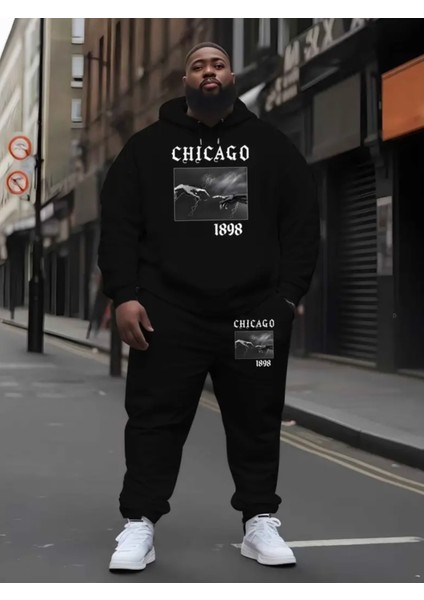 Büyük Beden Özel Tasarım Kapüşonlu Chıcago Baskılı %100 Pamuk Kışlık Trend Erkek Eşofman Takımı