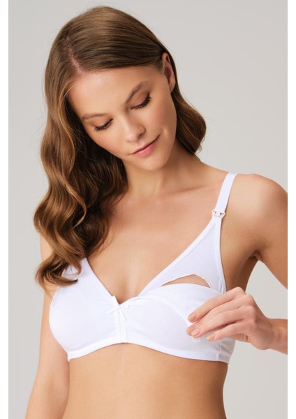 Pamuklu Balensiz Lohusa Önden Açılan Beyaz Emzirme Sütyeni - Beyaz - 100C