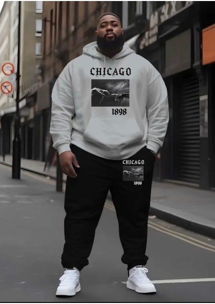 Büyük Beden Özel Tasarım Kapüşonlu Chıcago Baskılı %100 Pamuk Kışlık Trend Erkek Eşofman Takımı