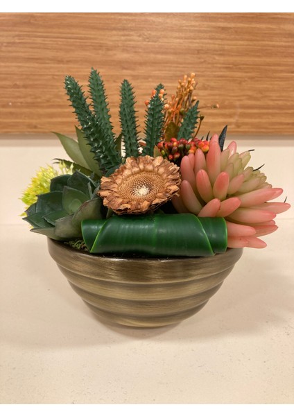 Yapay Skulent Pirinç Saksı Arajman Yükseklik 21 cm Çapı 18 cm fiyatları