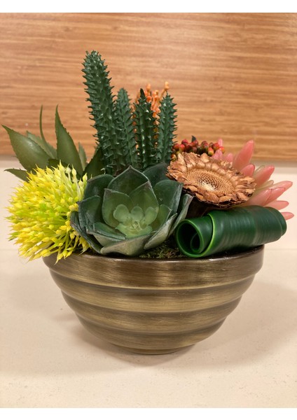 Yapay Skulent Pirinç Saksı Arajman Yükseklik 21 cm Çapı 18 cm modelleri