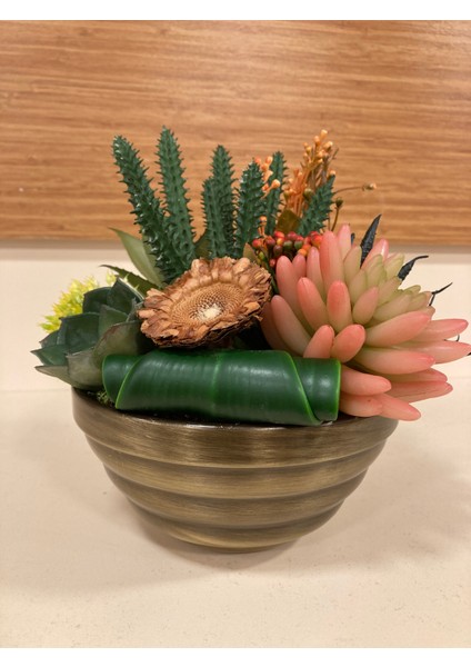 Yapay Skulent Pirinç Saksı Arajman Yükseklik 21 cm Çapı 18 cm fırsatları