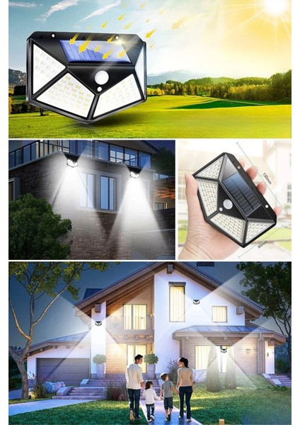 100 Ledli 3 Farklı Aydınlatma Ayarlı Solar Güneş Enerjili Hareket Sensörlü Bahçe Duvar Ası