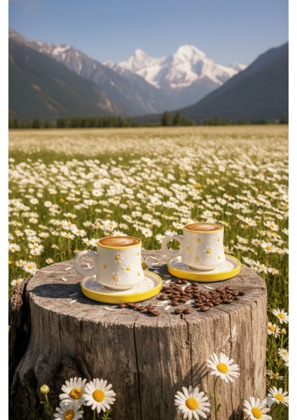 2 Kişilik / 4 Parça Sarı Papatya El Yapımı, Seramik Kahve Fincanı, Kahve Fincan Takımı, Hand Made