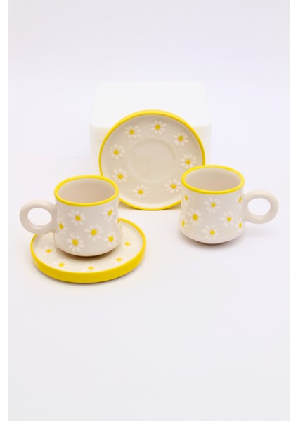 2 Kişilik / 4 Parça Sarı Papatya El Yapımı, Seramik Kahve Fincanı, Kahve Fincan Takımı, Hand Made fiyatları