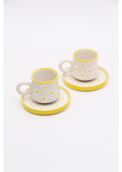 2 Kişilik / 4 Parça Sarı Papatya El Yapımı, Seramik Kahve Fincanı, Kahve Fincan Takımı, Hand Made modelleri