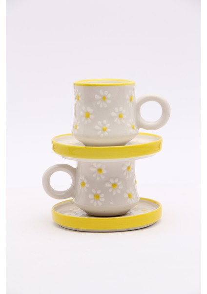 2 Kişilik / 4 Parça Sarı Papatya El Yapımı, Seramik Kahve Fincanı, Kahve Fincan Takımı, Hand Made fırsatları