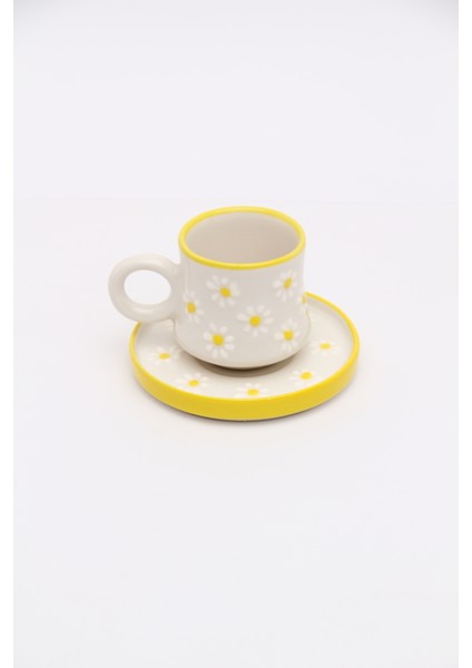 2 Kişilik / 4 Parça Sarı Papatya El Yapımı, Seramik Kahve Fincanı, Kahve Fincan Takımı, Hand Made indirimleri