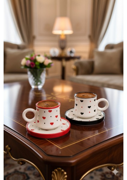 2’li Takım Siyah Kırmızı Kalpli El Yapımı Kazan Seramik Kahve Fincanı, Kahve Fincanı, Hand Made