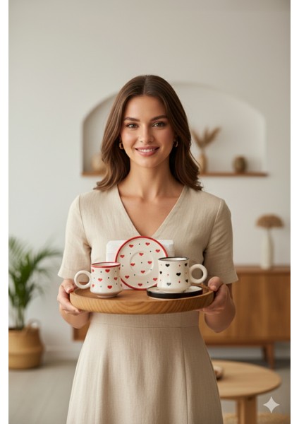 2’li Takım Siyah Kırmızı Kalpli El Yapımı Kazan Seramik Kahve Fincanı, Kahve Fincanı, Hand Made modelleri