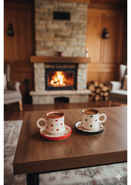 2’li Takım Siyah Kırmızı Kalpli El Yapımı Kazan Seramik Kahve Fincanı, Kahve Fincanı, Hand Made fırsatları