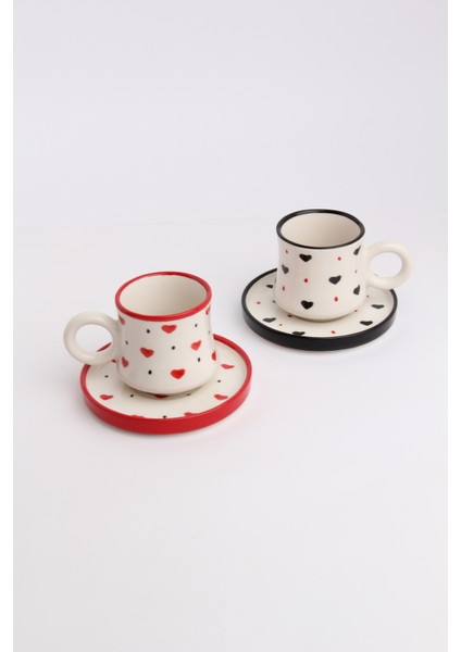 2’li Takım Siyah Kırmızı Kalpli El Yapımı Kazan Seramik Kahve Fincanı, Kahve Fincanı, Hand Made indirimleri
