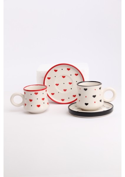 2’li Takım Siyah Kırmızı Kalpli El Yapımı Kazan Seramik Kahve Fincanı, Kahve Fincanı, Hand Made