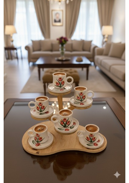 6'lı Takım Tomurcuk Desenli El Yapımı Kazan Seramik Kahve Fincanı, Kahve Fincanı, Hand Made