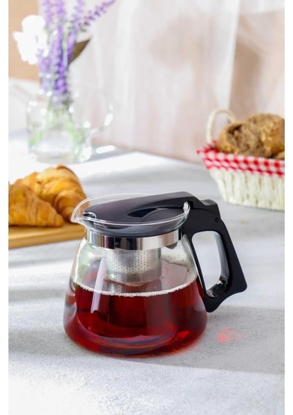 Cam Demlik 900 ml Borosilikat Çaydanlık Siyah Kapaklı