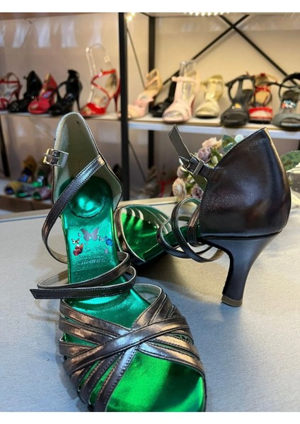 Füme-Yeşil 7,5 cm 11 Pont Kadeh Topuk Çok Bantlı Model Latin, Dans ve Salon Ayakkabısı