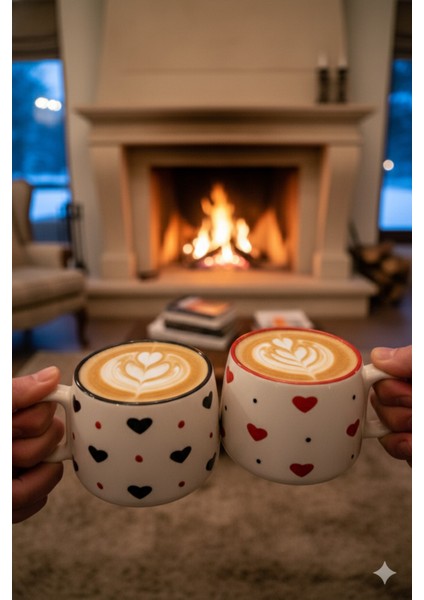 2 Kişilik Siyah Kırmızı Kalpli El Yapımı Double Seramik Kupa, Seramik Kupa, Mug, Handmade