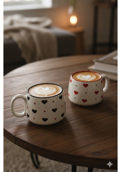 2 Kişilik Siyah Kırmızı Kalpli El Yapımı Double Seramik Kupa, Seramik Kupa, Mug, Handmade fiyatları