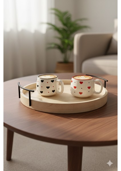 2 Kişilik Siyah Kırmızı Kalpli El Yapımı Double Seramik Kupa, Seramik Kupa, Mug, Handmade modelleri