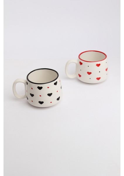 2 Kişilik Siyah Kırmızı Kalpli El Yapımı Double Seramik Kupa, Seramik Kupa, Mug, Handmade fırsatları