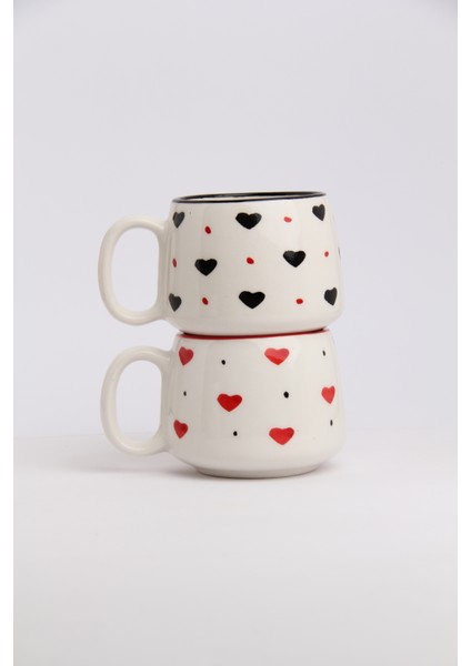 2 Kişilik Siyah Kırmızı Kalpli El Yapımı Double Seramik Kupa, Seramik Kupa, Mug, Handmade indirimleri