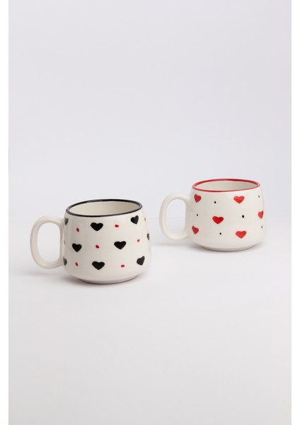 2 Kişilik Siyah Kırmızı Kalpli El Yapımı Double Seramik Kupa, Seramik Kupa, Mug, Handmade