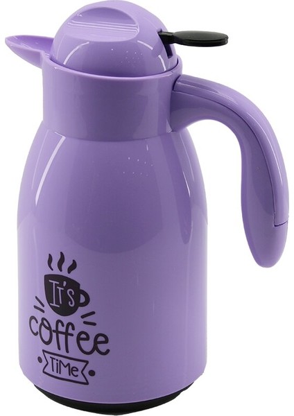 1lt Içi Cam Lila - Kahve Yazılı Penguen Plastik Termos (5358)