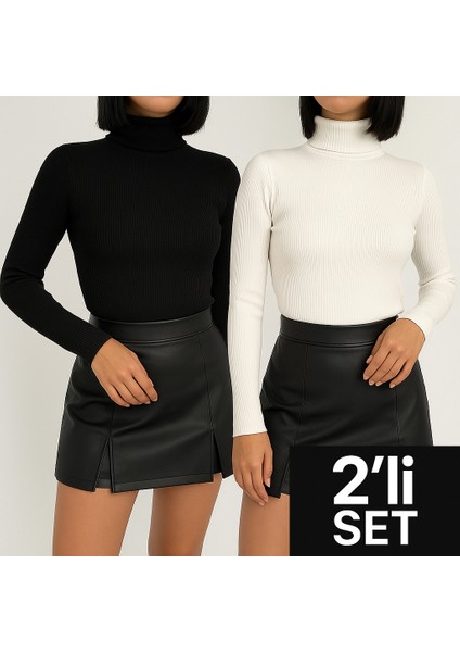 Siyah Pamuklu Kumaş Balıkçı Yaka (2'li Paket) Slimfit Boğazlı Kazak