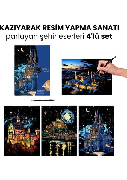 Scratch Art Kazıma Çizim Seti – 4 Adet | Kazıma Kağıdı A3 Hobi & Sanat Tablosu