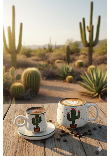 Canım Kendim Serisi Kaktüs Desenli, El Yapımı Seramik ve Kupa Takımı, Mug, Hand Made