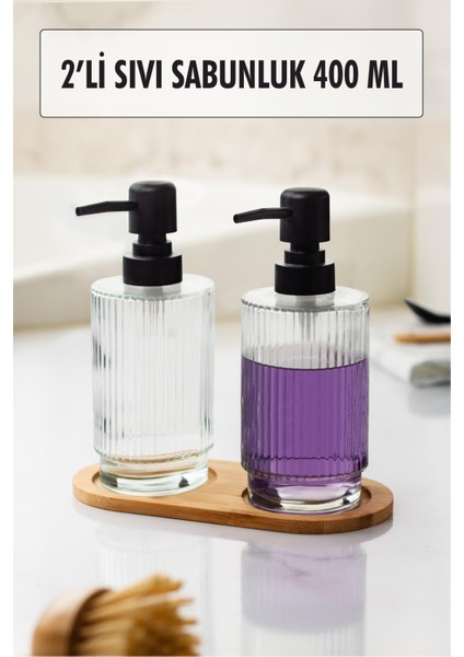 2 Li Bambu Altlıklı Sıvı Sabunluk Seti