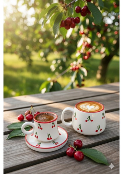 Canım Kendim Serisi Kiraz Desenli, El Yapımı Seramik ve Kupa Takımı, Mug, Hand Made
