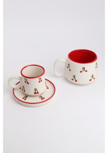 Canım Kendim Serisi Kiraz Desenli, El Yapımı Seramik ve Kupa Takımı, Mug, Hand Made indirimleri