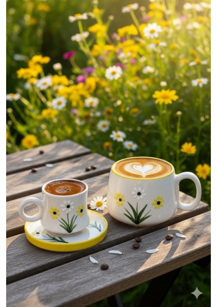 Canım Kendim Serisi Sarı Papatya Desenli, El Yapımı Seramik ve Kupa Takımı, Mug, Hand Made