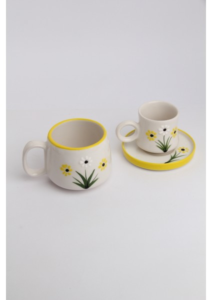 Canım Kendim Serisi Sarı Papatya Desenli, El Yapımı Seramik ve Kupa Takımı, Mug, Hand Made fırsatları