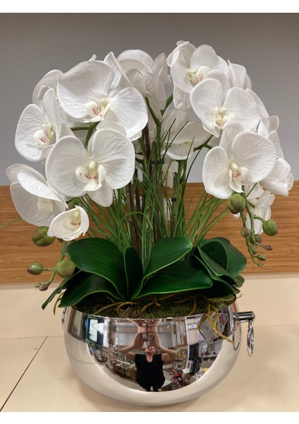 Yapay Büyükboy Islak Orkide Pirinç Kulplu Model Gümüş Saksı modelleri