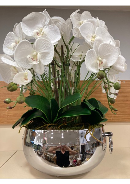 Yapay Büyükboy Islak Orkide Pirinç Kulplu Model Gümüş Saksı fırsatları