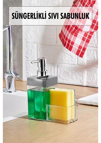 Gri Renkli Sıvı Sabunluk Süngerlik Hazneli 450 ml